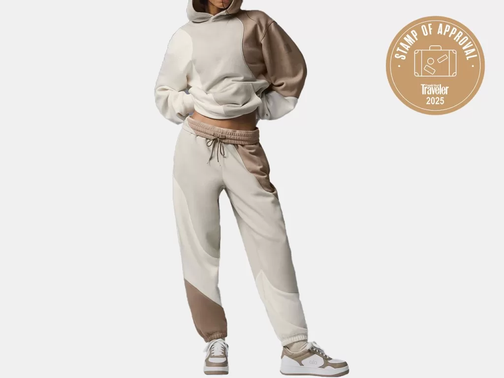 model in grey patterned hoodie and joggers