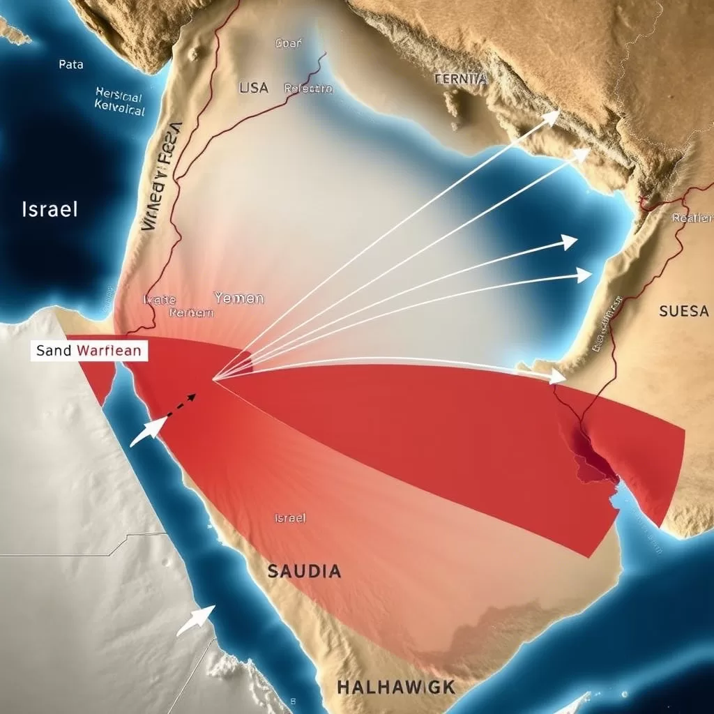 خريطة الشرق الأوسط تظهر البحر الأحمر واليمن والمملكة العربية السعودية وإسرائيل. أسهم تشير إلى مسارات الصواريخ أو الحركة البحرية.