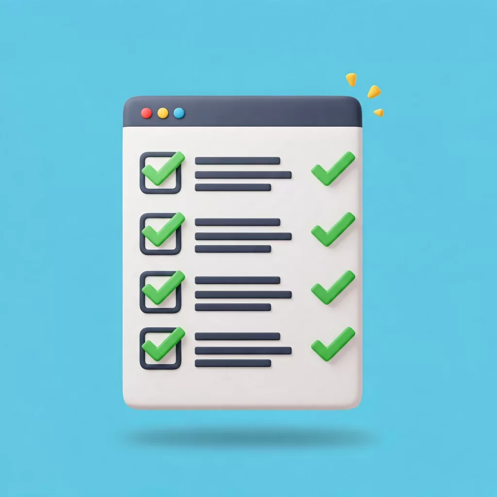 أيقونة أو رسم توضيحي لقائمة فحص (Checklist) عليها علامات صح باللون الأخضر بجانب بنود مختلفة