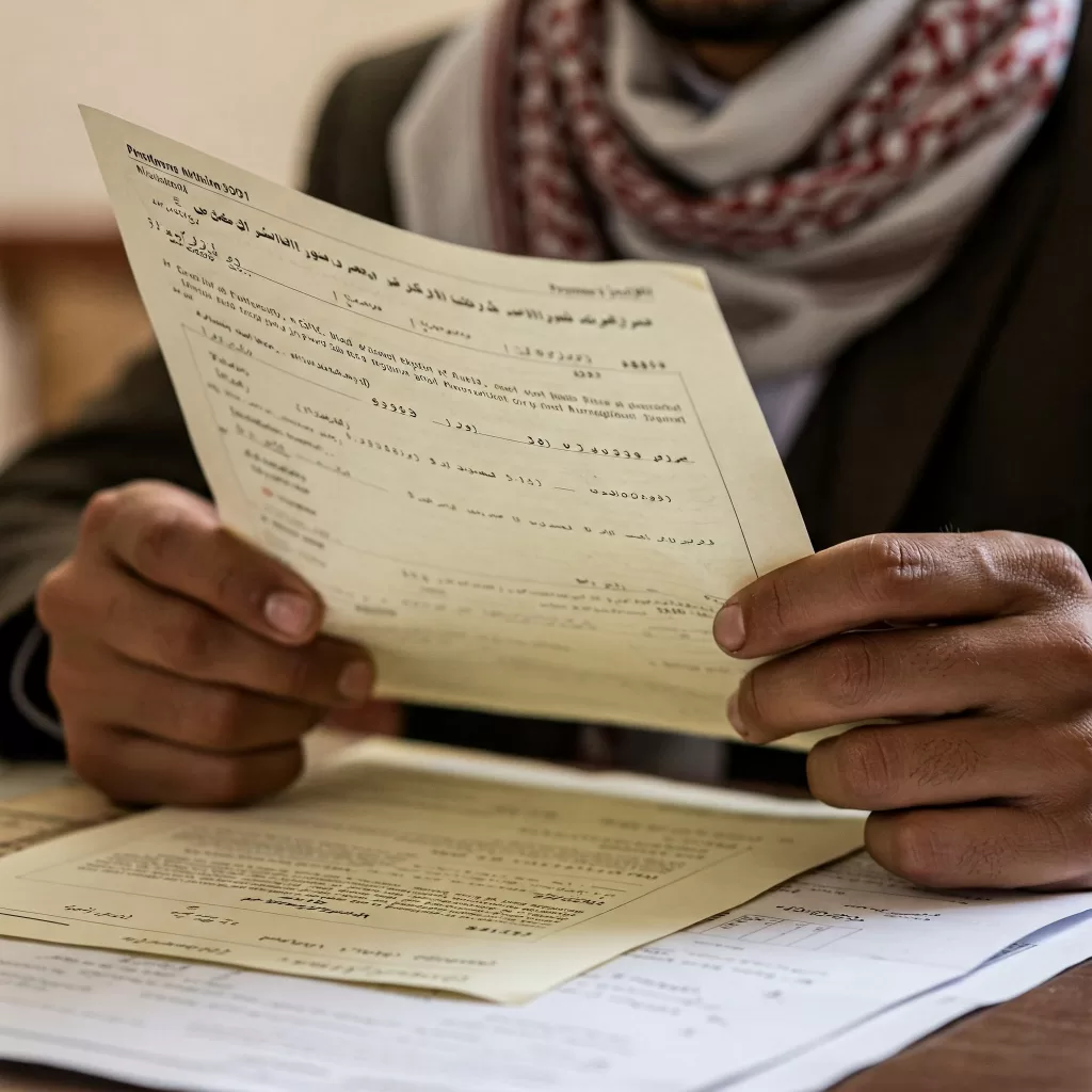 صورة مقربة لأيدي معلم يمني وهو يراجع بعناية وثيقة أو استمارة طلب
