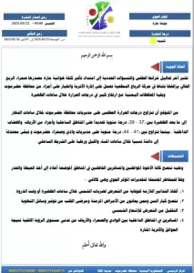 اخبار المناطق – مركز الإنذار المبكر: موجة حر intense ستؤثر على العديد من وردت الآن اليمنية