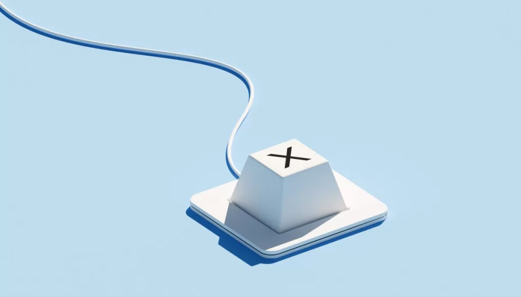 A keyboard with a single key featuring an "X" icon is set against a blue background. The "X" symbol typically represents rejection, cancellation, or incorrect choices, emphasizing decision-making processes. The minimalist design of the keyboard, combined with the vibrant blue backdrop, creates a modern look that highlights themes of selection and error management.