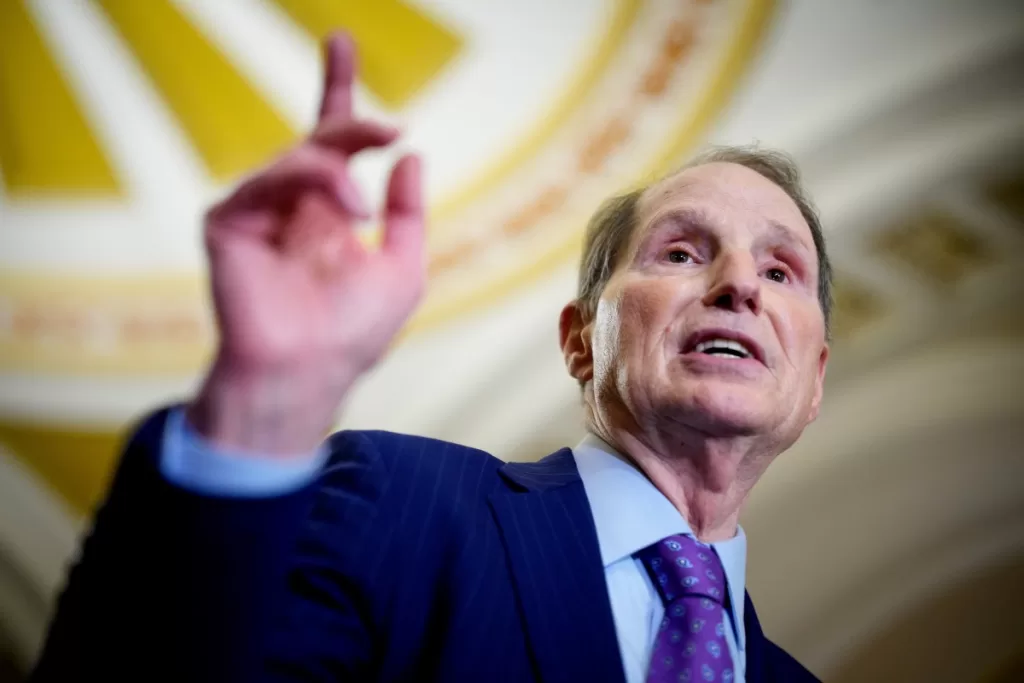Sen. Ron Wyden speaks to reporters following a weekly Democratic policy luncheon at the U.S. Capitol on April 8, 2025 in Washington, DC.