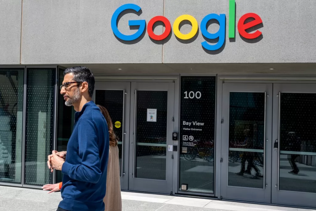 Sundar Pichai, chief executive officer of Alphabet Inc., during an interview on "The Circuit with Emily Chang" at Google's Bay View campus in Mountain View, California, US, on Wednesday, May 1, 2024.