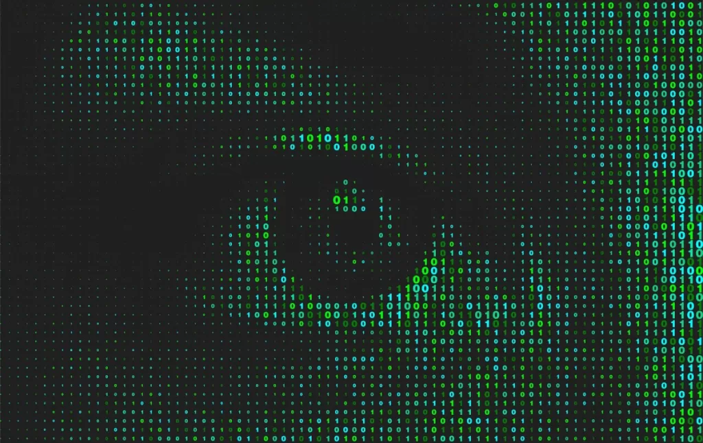 Artificial intelligence technology futuristic background. Green binary coding letters on black.