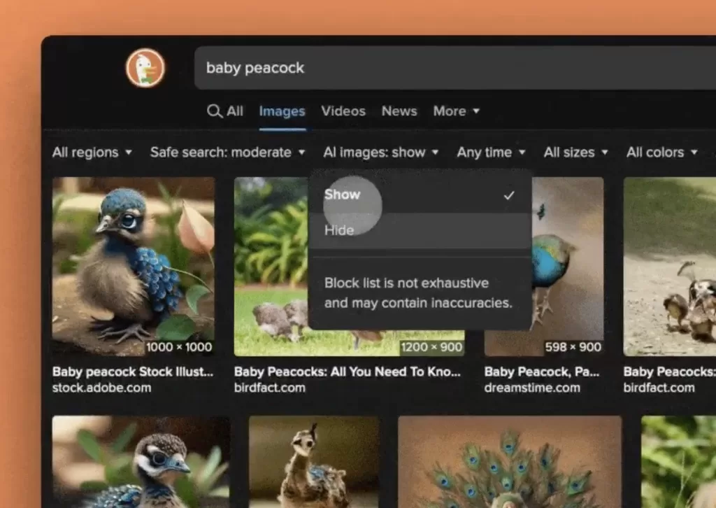 لقطة شاشة تظهر الإعداد الجديد في متصفح DuckDuckGo، الذي يتيح للمستخدمين إيقاف تشغيل الصور الناتجة عن الذكاء الاصطناعي في نتائج البحث.