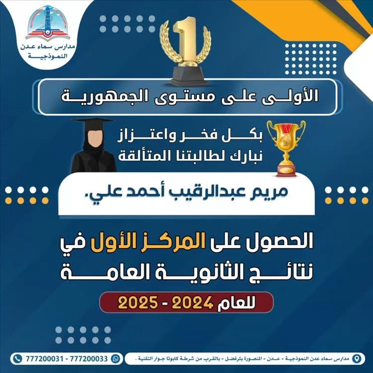 مدارس سما عدن والنبراس تحصدان المركز الأول في نتائج الثانوية العامة على مستوى الجمهورية