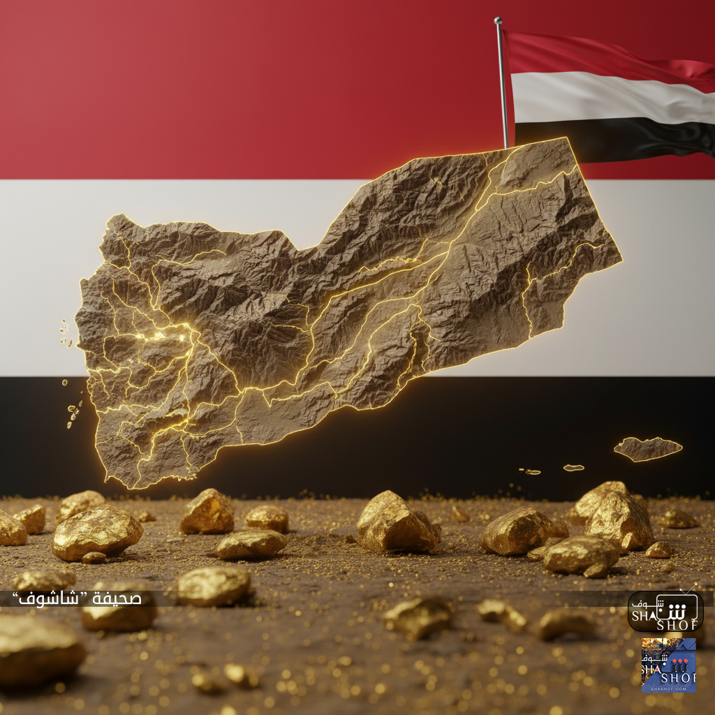 الصورة عبارة عن تصميم جرافيكي يجمع بين خريطة اليمن البارزة والمضاءة باللون الذهبي، وعلم اليمن بألوانه الثلاثة (الأحمر والأبيض والأسود) في الخلفية. تظهر الخريطة ثلاثية الأبعاد بملامح تضاريسية وعروق متوهجة ترمز إلى الذهب والمعادن داخل أرض اليمن، بينما تتناثر في مقدمة المشهد قطع كبيرة وصغيرة من خام الذهب، مما يجسد فكرة "الكنز المدفون" والموارد الطبيعية الغنية للبلاد.