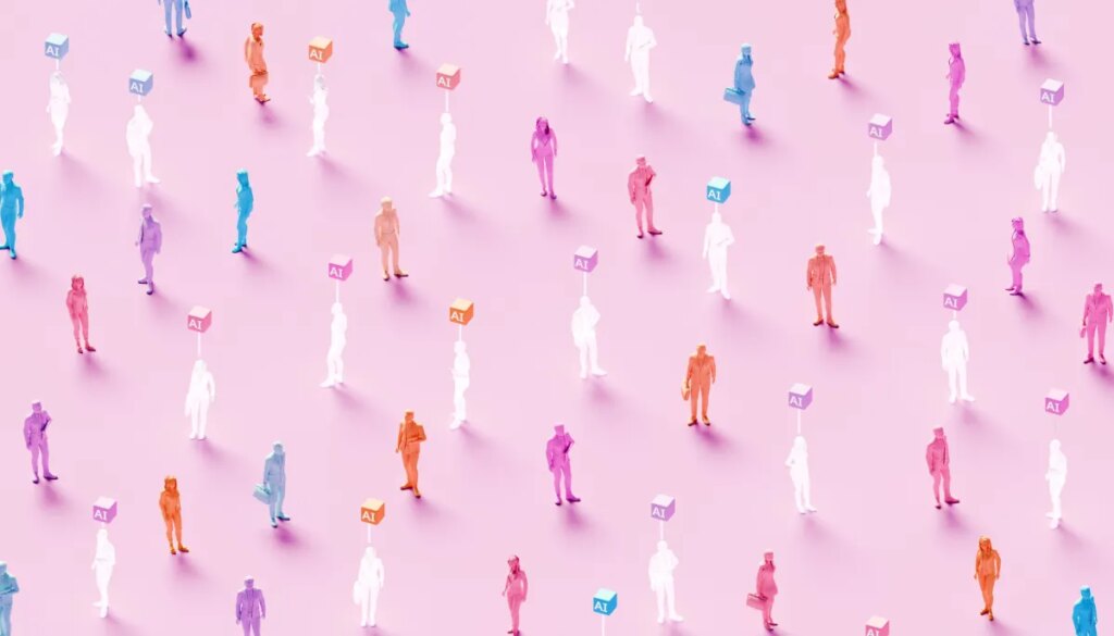 3D rendered conceptual illustration of numerous business figures evenly scattered across a soft pink background: solid colored human workers standing alongside identical translucent ghost-like figures, each translucent worker marked by a glowing “AI” symbol hovering above – powerful visualization of artificial intelligence replacing human workforce, solid employees mixed with their AI-replaced counterparts, automation displacing jobs, digital transformation eliminating roles, technological unemployment, workforce disruption, future of work with AI substitution, and the new era where real human workers are gradually replaced by artificial intelligence.