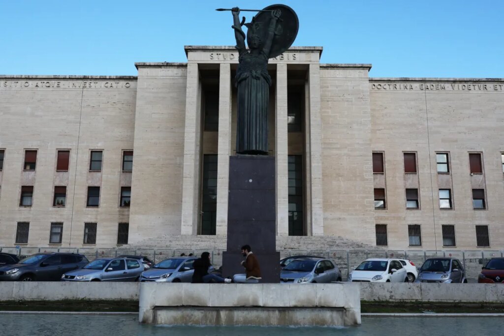 Two university students are seen at La Sapienza University Campus on March 4, 2020 in Rome, Italy.