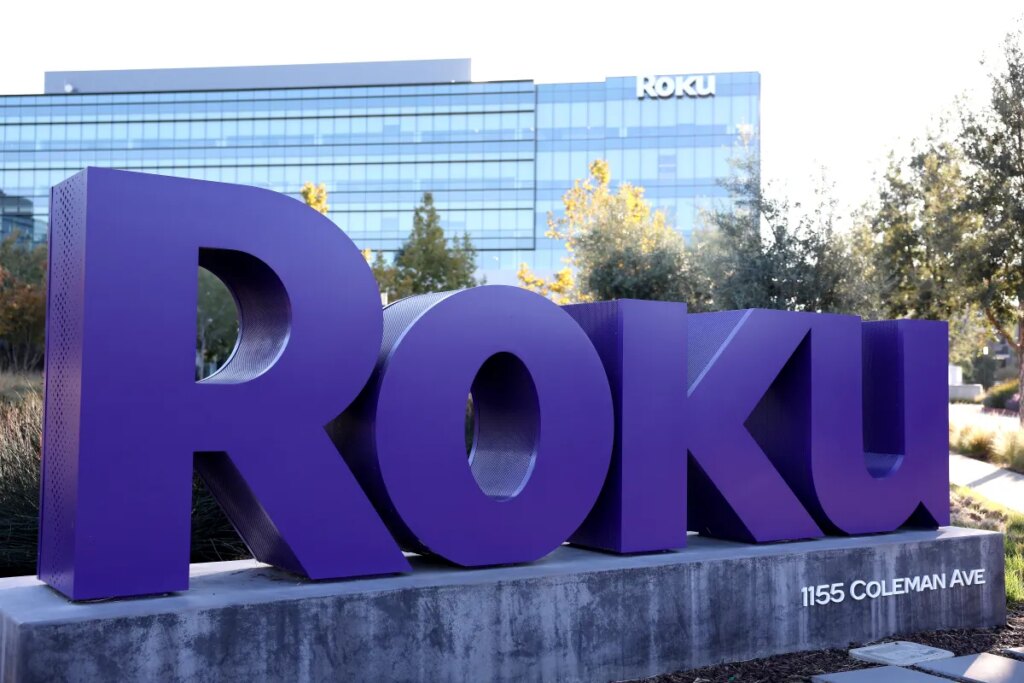 Roku's company logo is seen in front of Roku headquarters