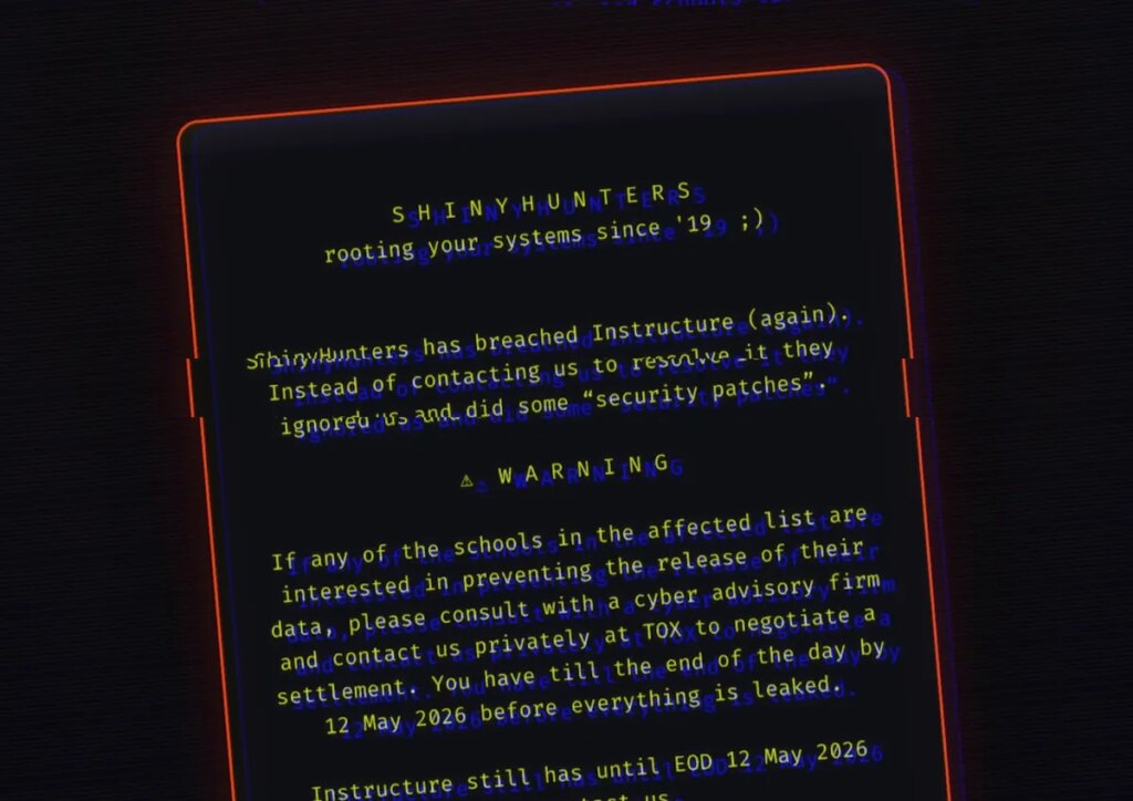 A redacted screenshot of the message ShinyHunters left on the hacked login pages of Instructure's platform Canvas.