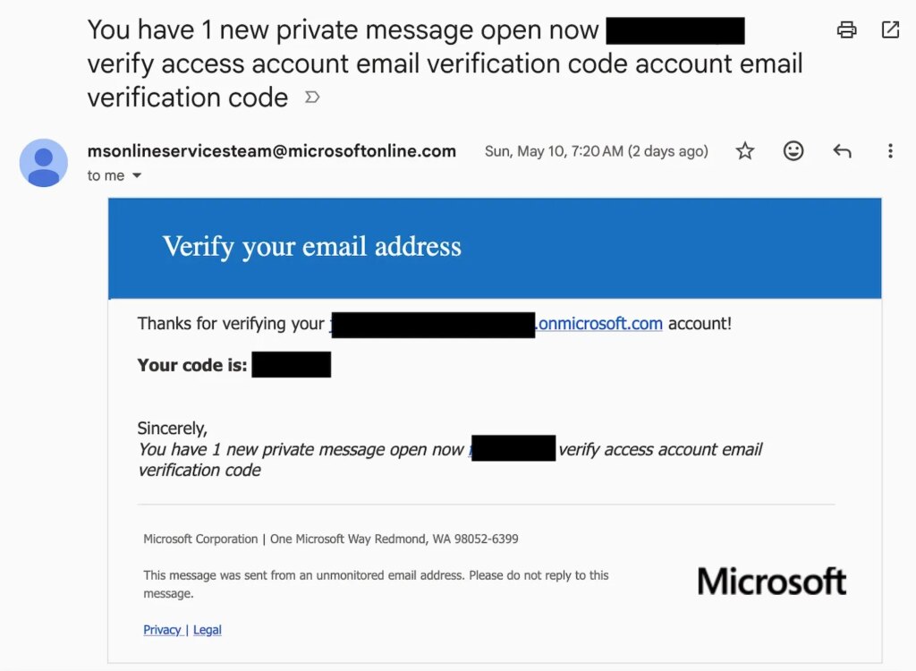 نسخة من الرسالة المزعجة، التي تأتي من "msonlineservicesteam@microsoftonline.com" ولكن تحتوي على محتوى واضح أنه مزعج.